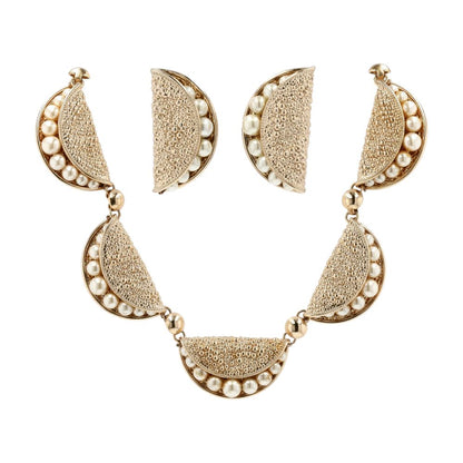 1950's Gold Tone Faux Pearl Necklace And Earring Set