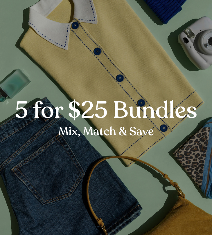 5 for $25 Bundles, Mix, Match & Save: clothing, a handbag, an instant camera, and accessories.