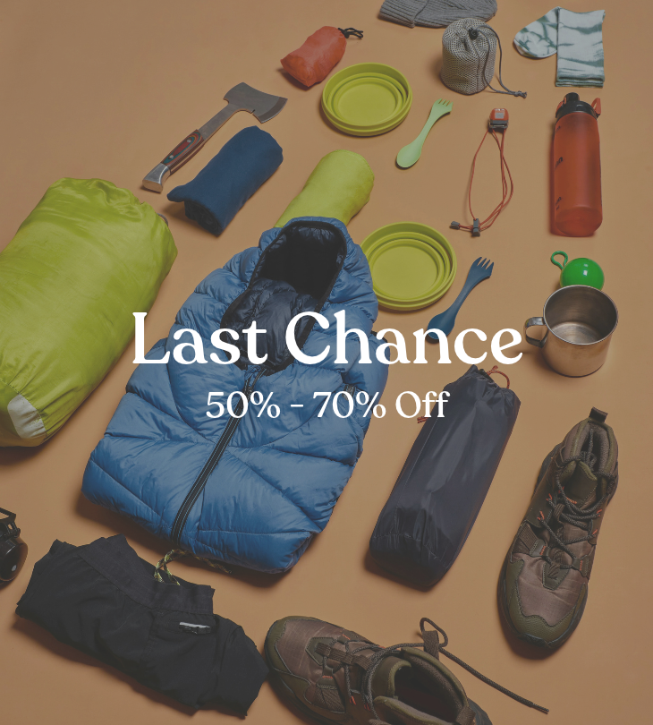 Last Chance, 50%–70% Off: outdoor gear including a puffer vest, hiking boots, and camping accessories.