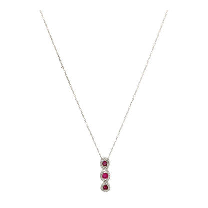 14K White Gold Diamond And Ruby Three Stone Pendant Necklace