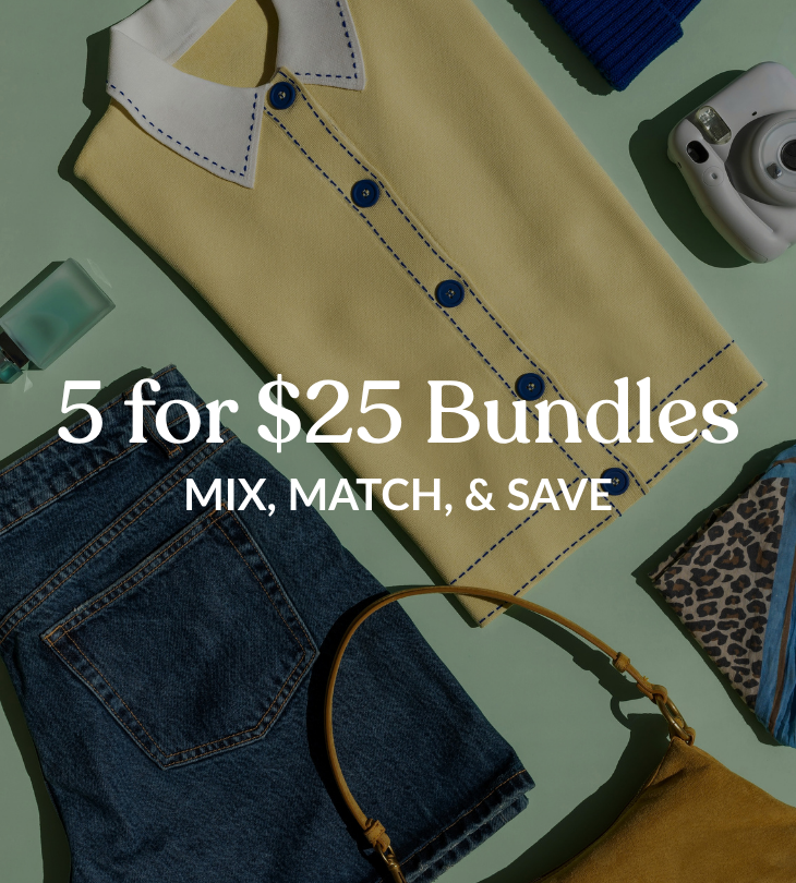 5 for $25 bundles, mix, match, and save, featuring a yellow collared shirt, denim shorts, a handbag, and accessories.