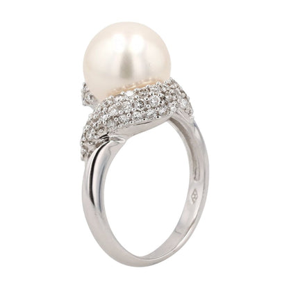 18K White Gold Diamond Pave And Cultured Pearl Cocktail Ring