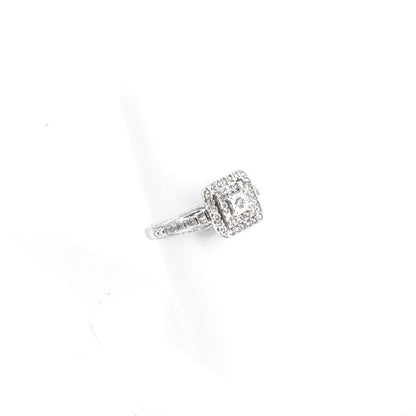 10K White Gold Round Center Diamond With Double Square Halos Ring
