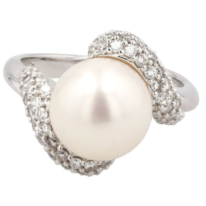 18K White Gold Diamond Pave And Cultured Pearl Cocktail Ring