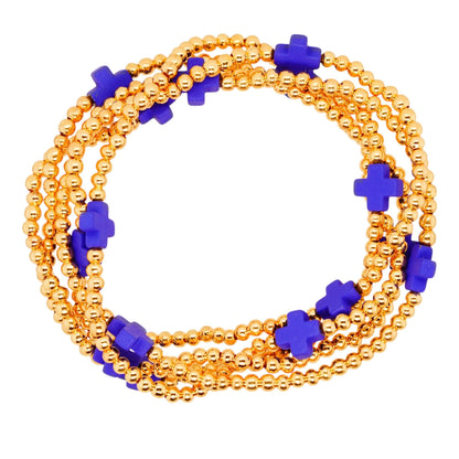 Gold Tone Blue Cross Stacking Bead Bracelets