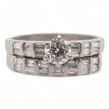 Platinum Six Prong Round Diamond With Baguette Accented Band Engagement Set