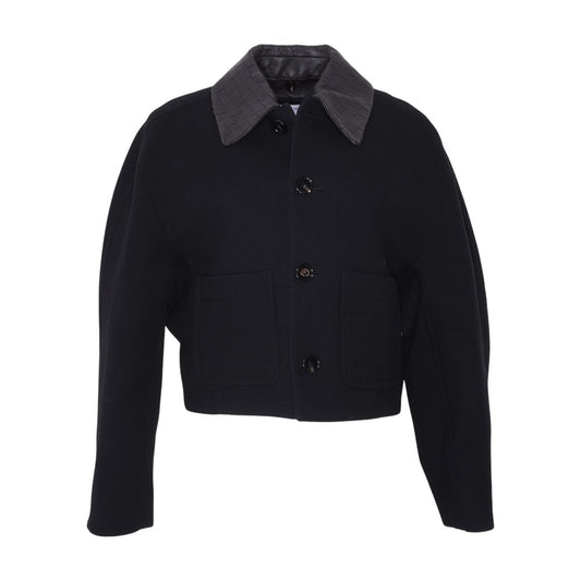 Black Faux-Leather Collar Cropped Twill Jacket