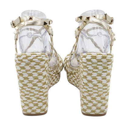Gold & White Rockstud Bicolor Metallic Wedge Espadrilles