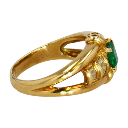 18K Gold Emerald Center With Baguette Diamonds Band