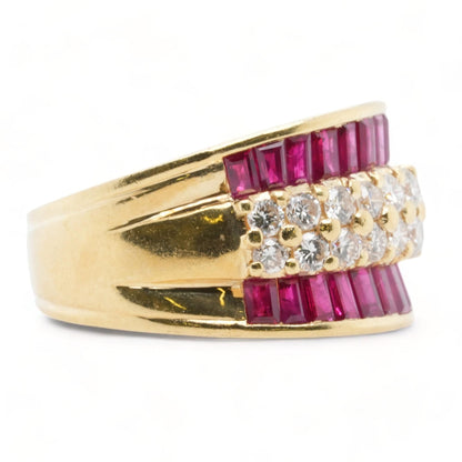 18K Gold Multi Row Diamond And Ruby Band