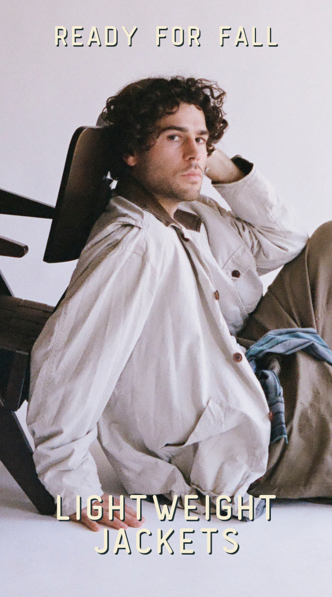 Person sitting in a chair wearing a light-colored jacket with text about fall jackets.