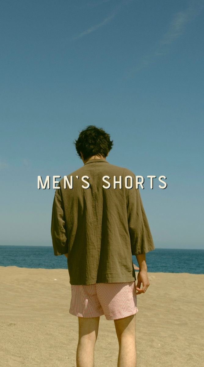 Person wearing men's shorts standing on a beach with text overlay "Men's Shorts"