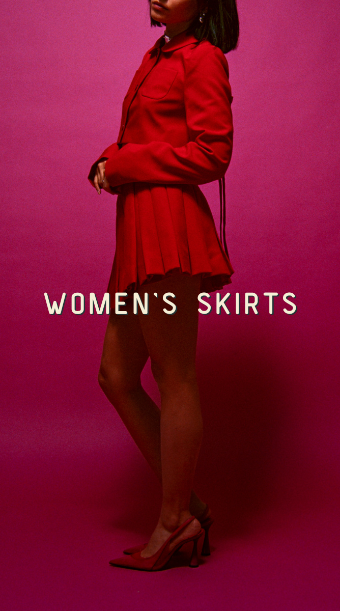 Woman wearing a red skirt set against a pink background with 'WOMEN'S SKIRTS' text.