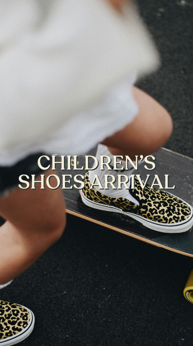 Children’s shoes arrival: Child wearing leopard-print slip-on sneakers while riding a skateboard.