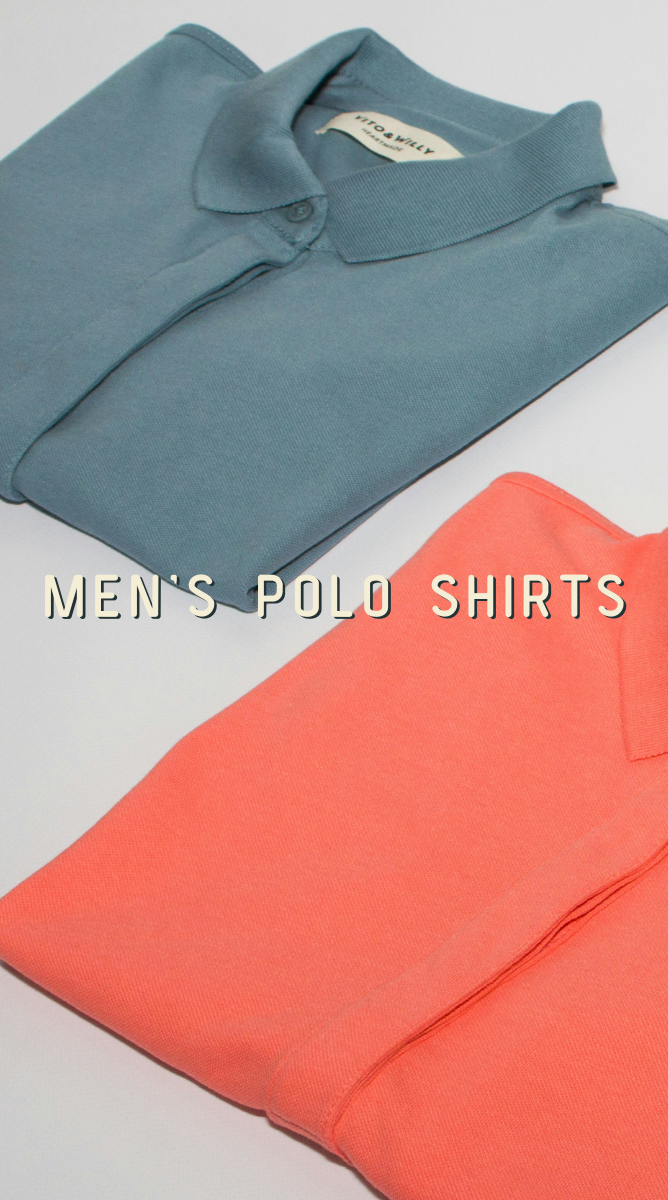 Two folded men's polo shirts, one blue and one orange, on a light gray background with 'MEN'S POLO SHIRTS' text.