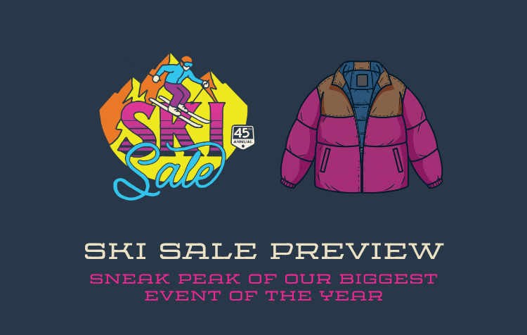 Ski Sale logo with a skier and a magenta puffer jacket, sneak peek of our biggest event of the year