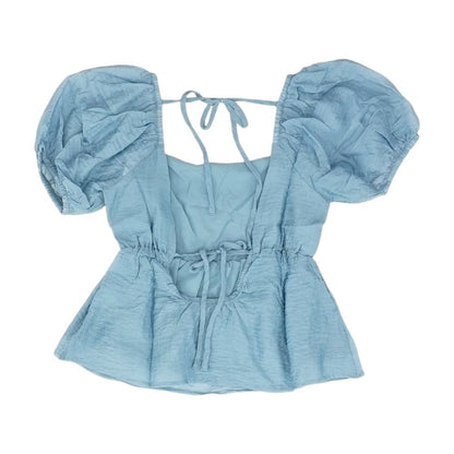 Blue Solid Short Sleeve Blouse