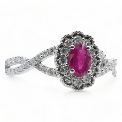 14K White Gold Oval Ruby With Diamond Halo And Twist Shank Ring