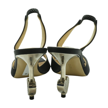 Crystal Heart Square Toe 95mm Slingback Black Heels