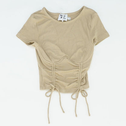 Brown Solid Cropped Short Sleeve Blouse