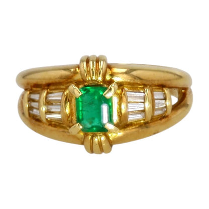18K Gold Emerald Center With Baguette Diamonds Band