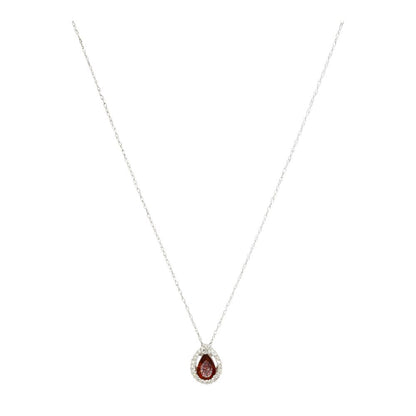14K White Gold Pear Shaped Garnet With Diamond Halo Pendant Necklace