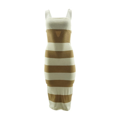 Beige Striped Midi Dress
