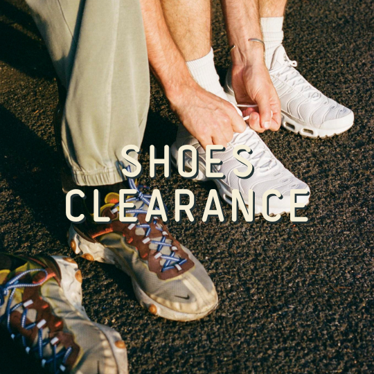 Person tying shoelaces with text 'SHOES CLEARANCE' over a textured surface