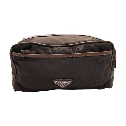 Green-Brown Re-Nylon and Leather Toiletry Pouch