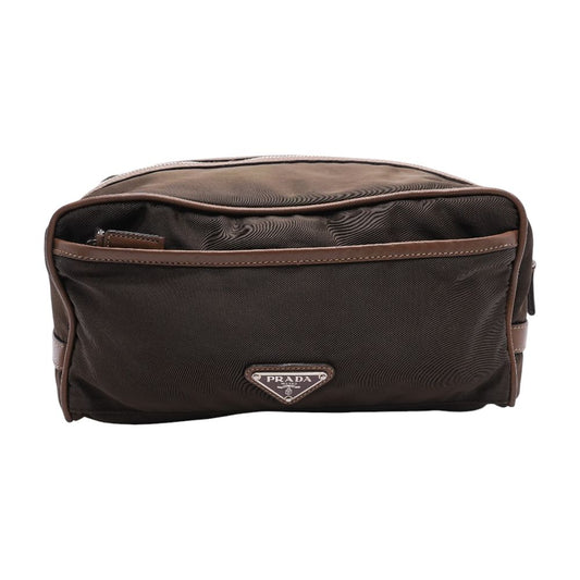 Green-Brown Re-Nylon and Leather Toiletry Pouch