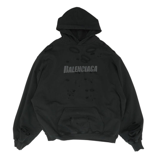 Black Oversized Distressed Logo Print Hoodie Pullover