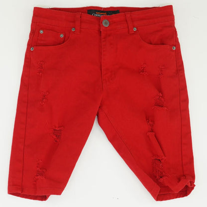 Red Solid Denim Shorts