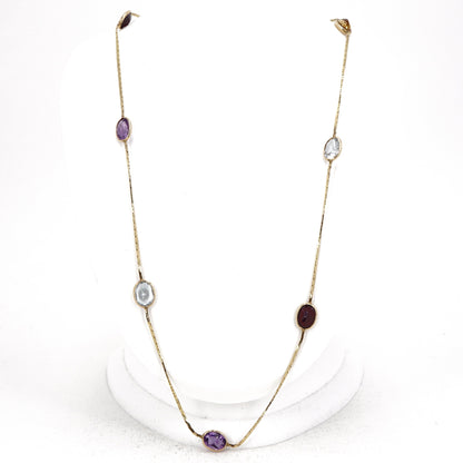 14K Gold Long Necklace with Citrine, Garnet, Amethyst, and Blue Topaz