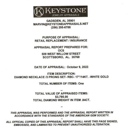 .85 ct 14K White Gold Round Diamond Solitaire Pendant Necklace