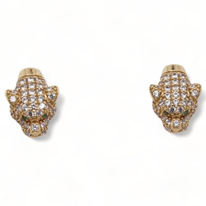 18K Gold Diamond And Emerald Cougar Head Stud Earrings