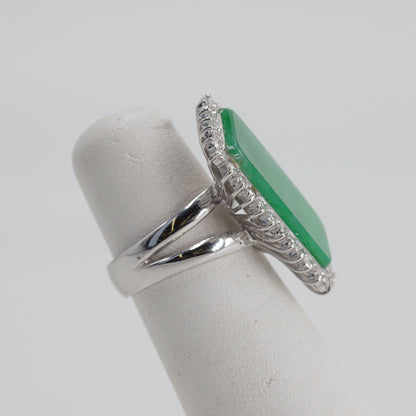 18K White Gold Offset Rectangular Green Slab Ring with Diamond Halo Size 4.5
