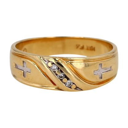 10K Two Tone Gold Cross Motif With Diamond Accents Band