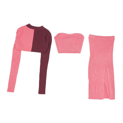 Pink Solid Pullover Sweater and Skirt Set