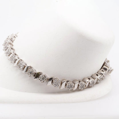 14K White Gold S Link Round Diamond Cluster Tennis Bracelet