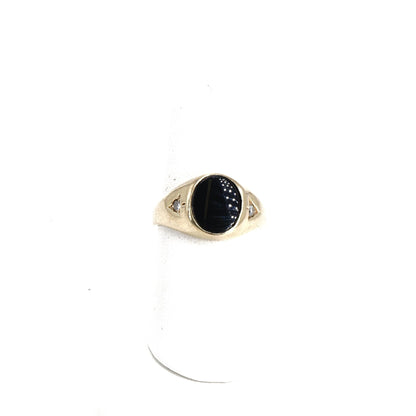 10K Gold Oval Black Stone Signet Ring With Diamond Accents