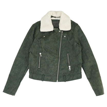 Green Solid Faux Leather Jacket