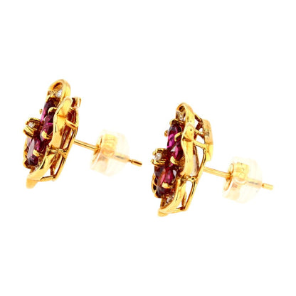 18K Gold Rhodolite Flower Stud Earrings W/ Diamond Accents & Heart Cut Garnet