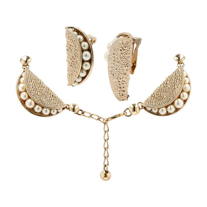1950's Gold Tone Faux Pearl Necklace And Earring Set
