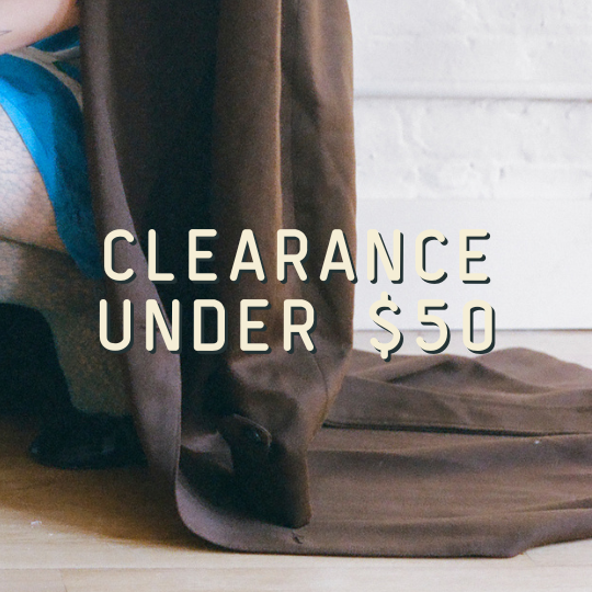 Brown fabric with 'CLEARANCE UNDER $50' text overlay on a light background