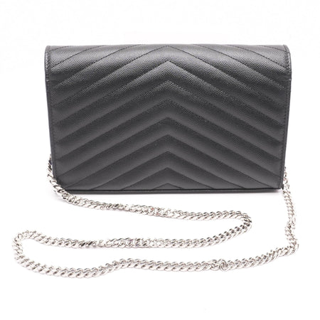 Black Leather Small YSL Envelope Flap Wallet on Chain