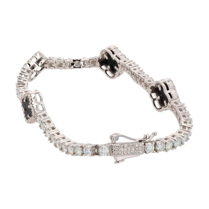 Sterling Silver Onyx Clover Station With Moissanite Accents Link Bracelet