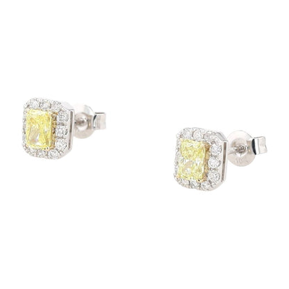 14K White Gold Radiant Cut Yellow Lab Grown Diamond With Halo Stud Earrings