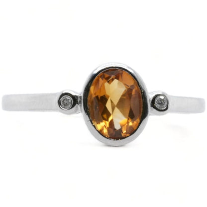 10K White Gold Bezel Set Oval Citrine With Diamond Accents Ring