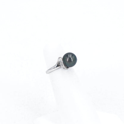 14K White Gold Black Pearl Ring with Diamond Wave Accents