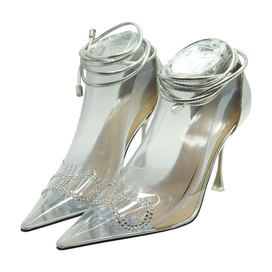 Silver Ankle Wrap Crystal Bow 100mm Clear High Heels